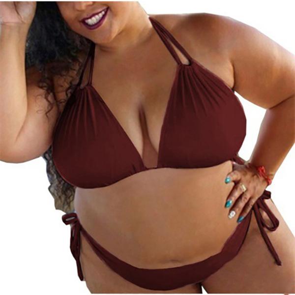 Bikini Sexy Damen Übergröße Einfarbige Träger Neckholder Bikini Zweiteiler Badeanzug Damen BademodeBikini Set 4XL bordeaux