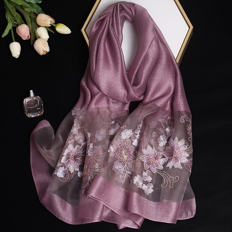 Luxus-Seidenschal für Damen Design Stickerei Blumen Hijab-Tücher Bufandas Kopftuch für Damen Fouloud Echarpe 80x190cm gray