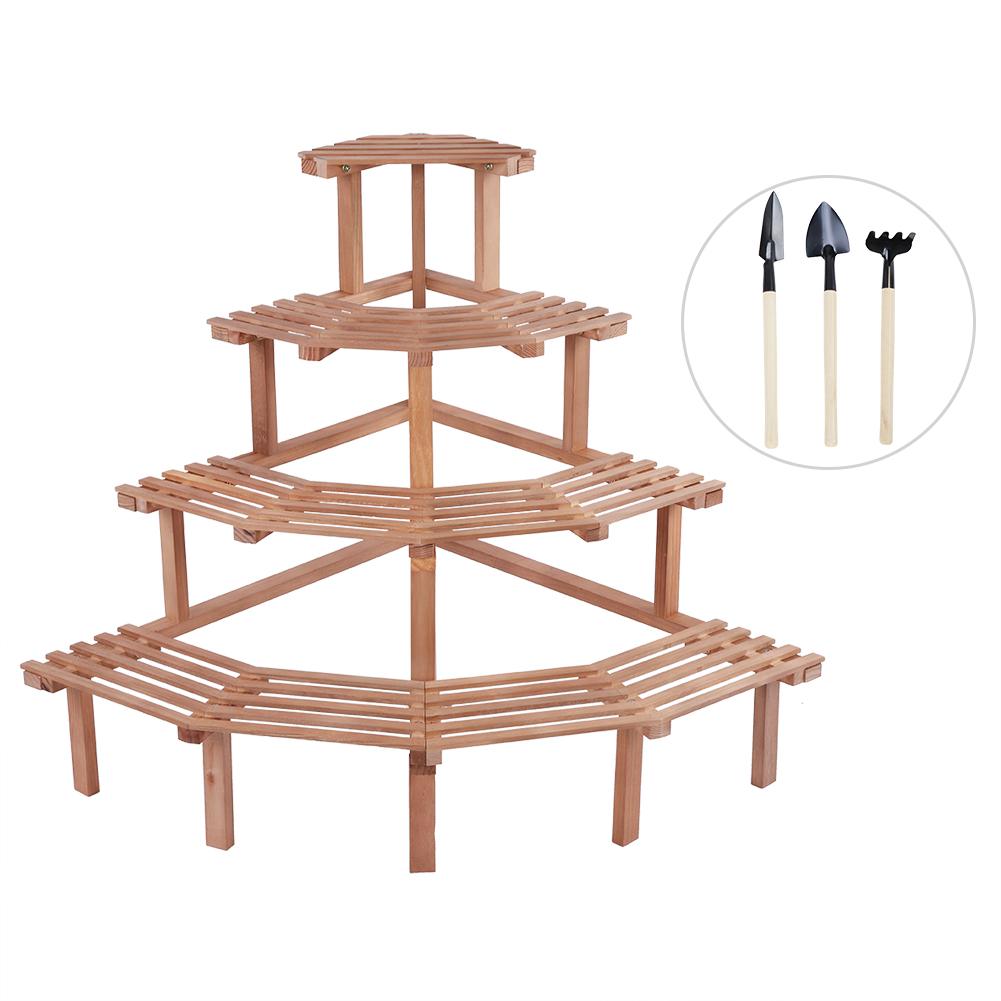 4 Ebenen Kiefernholz Ecke Blumentopf Ständer Anlage Display Regal Garten Dekor (Natürliches Holz)