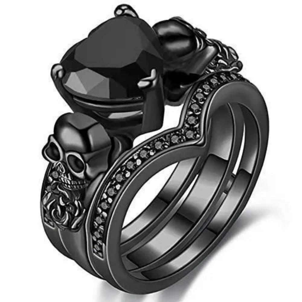 Gotisches Schwarzes Rosenblüten-Schädel-Verlobungsringe-Set Rotes Lila Herzförmiger Zirkon-Kristall Hochzeits-Jahrestag Feiertagsgeschenk 6 gray