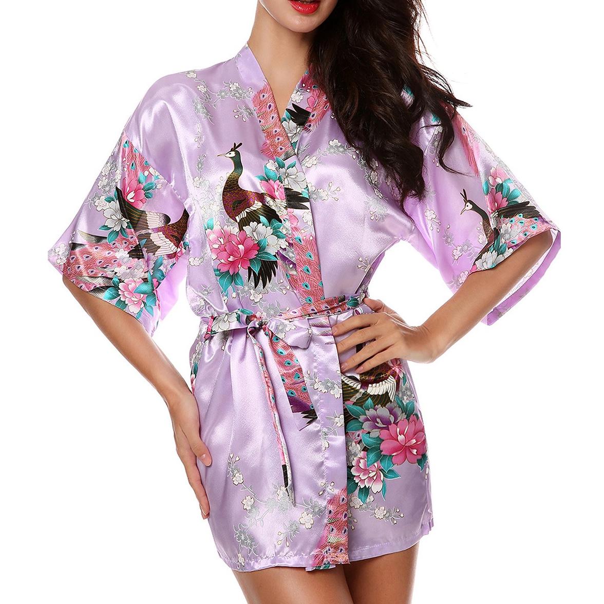 Seide Royal Floral Frauen Robe Sexy Hochzeitskleid Nachtwäsche Nachthemd Kimono Bademantel XL licht lila