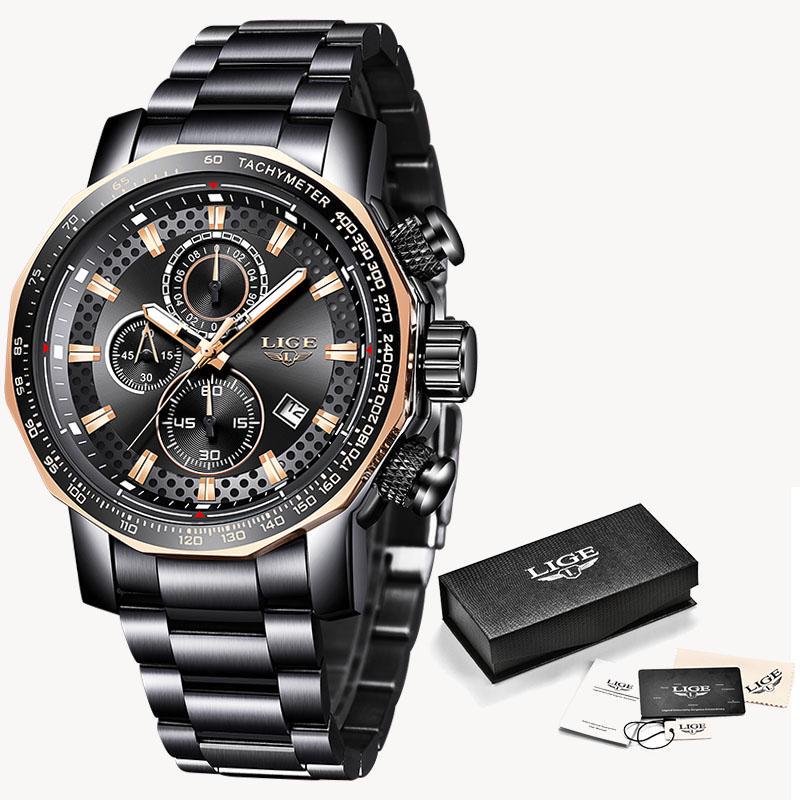 LIGE Uhren Herren Luxus Chronograph Edelstahl Großes Zifferblatt Quarz Herrenuhr Casual Sportuhr gold/schwarz