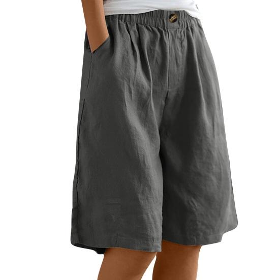 Bermuda-Shorts für Damen Knielang High Waist Baggy Shorts mit Taschen Elastischer Bund Sommer Baumwolle Leinen Strandurlaub Shorts M dunkelgraue