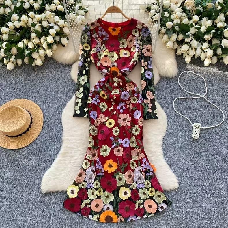 Elegante 3D Blume Stickerei Lange Maxi Kleider Frauen Sommer Urlaub Fischschwanz Abend Party Kleider Bleistift L weinrot