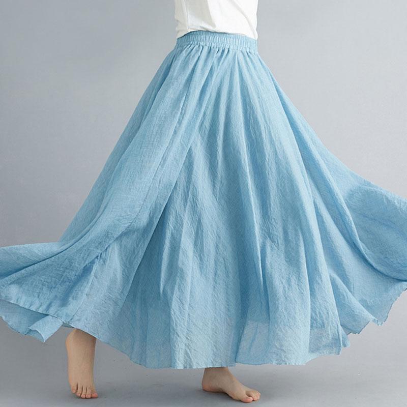 Sommer Herbst Damen Rock Literarisch Große Baumwolle Leinen Halbrock Elastische Taille Leinen A-Linie Rock Langer Abschnitt Reine Farbe Wind Swing Rock M hellblaue