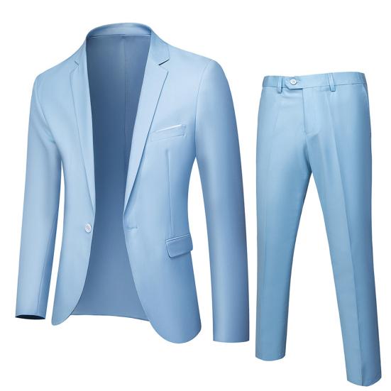 2-teiliges/Set Herren Anzug Revers Langarm 3D Maßanzug Mantel Mid-Rise Einfarbig Lange Hosen Set Hochzeitsfeier Business Anzug L himmelblaue