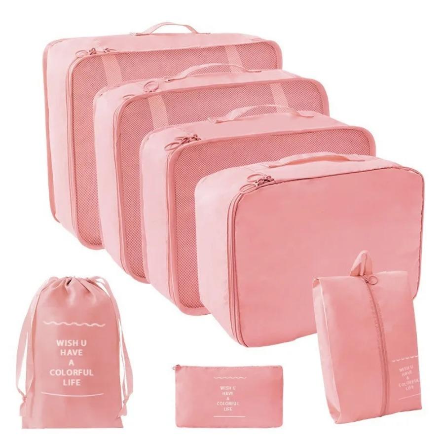 4/7/8-teiliges Set Reisetaschen-Organizer, Kleidung, Gepäck, Reise-Organizer, Decke, Schuhe, Make-up-Organizer, Tasche, Koffer, Beutel, Packwürfel 7 PCS Pink