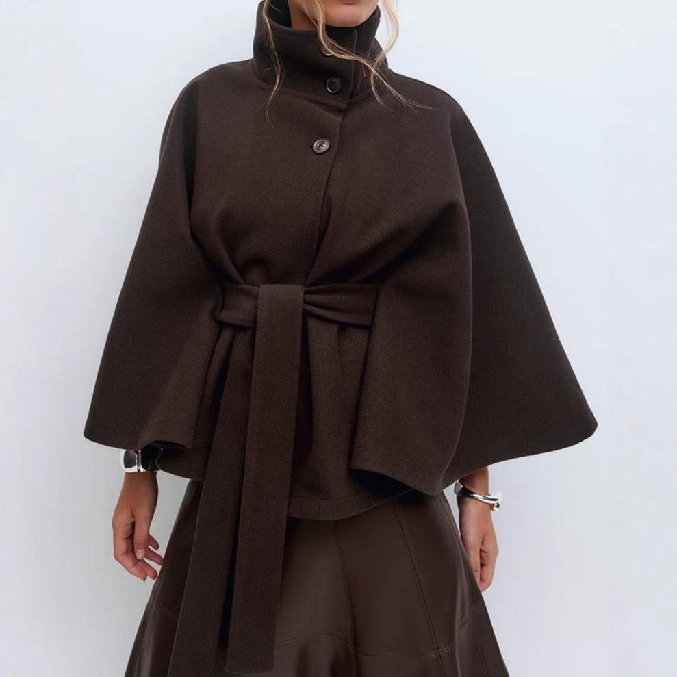 Mode Damen Schnürwolle Umhangmäntel Locker Stehkragen Fledermausärmel Knopf Schwarz Grau Jacken Herbst Streetwear L kaffeebraun
