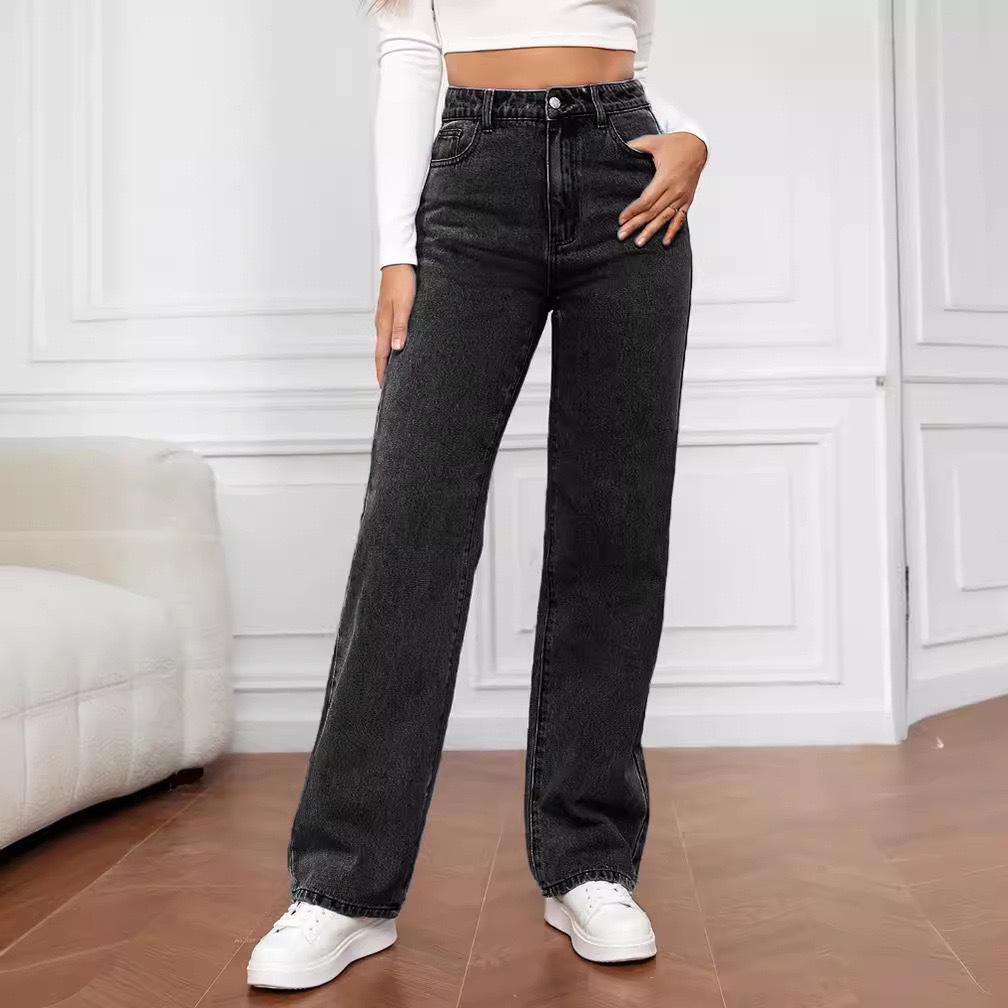 Europäische und amerikanische High-Waist Light Washed Wide Leg Damenjeans S schwarz