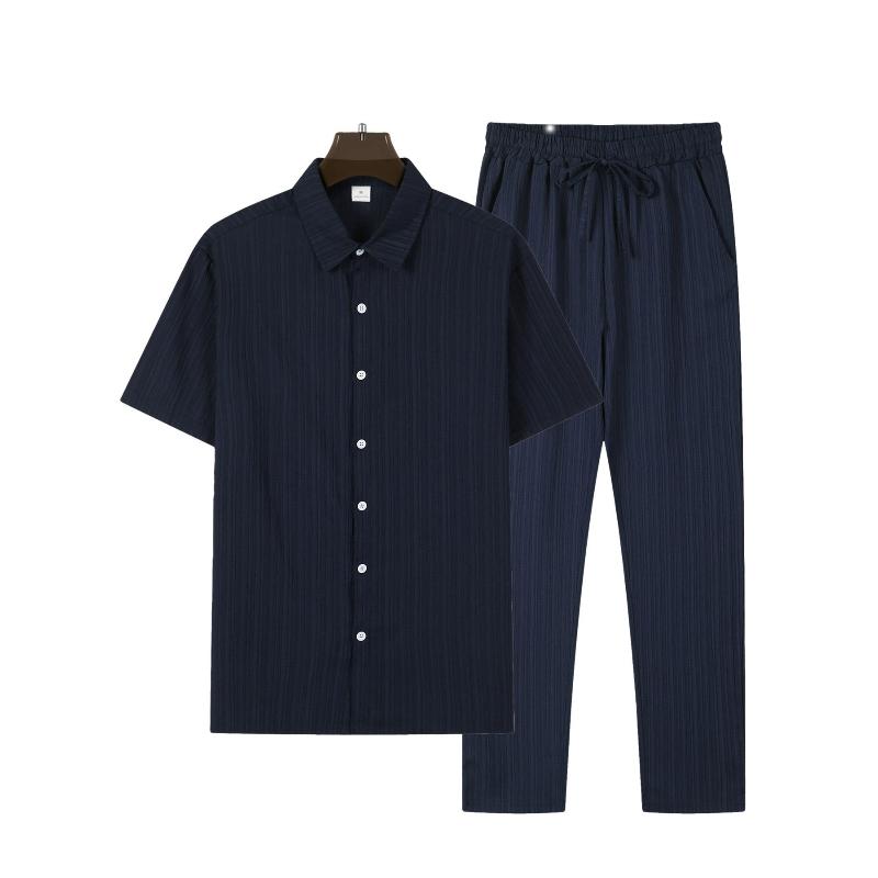 Sommeranzug für Herren Herren Sets Trainingsanzug Set Herren gestreiftes Kurzarmhemd mit Knopfleiste und Kragen, Jogginghosen-Set M navy blau