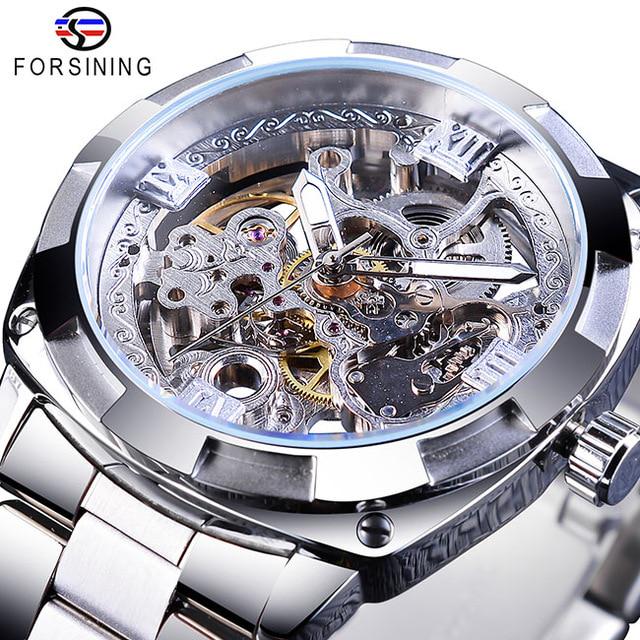 Forsining Mode transparent Retro männer Automatische Mechanische Uhr Top Marke Luxus Volle Goldene Leucht Hände Skeleton Uhr elfenbein
