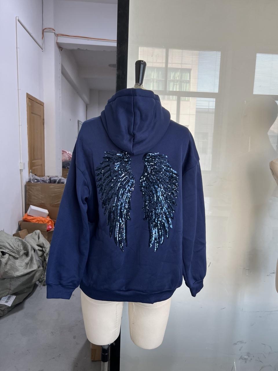 2KWEIRD Damen Glänzende Pailletten Engelsflügel Kapuzenjacke Hose Langarm Locker Lässig Kapuzenpullover Neue Dame Y2K Herbst Outfits S white