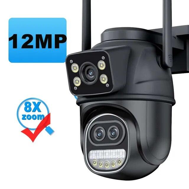 Neue EU 12MP 6K WiFi-Kamera für den Außenbereich, drei Objektive, Dual-Screens, 8-facher Zoom, CCTV-Mini-Videokamera, automatisches Tracking, Sicherheitsschutz, Überwachung, iCSee-App 12MP 6K Camera