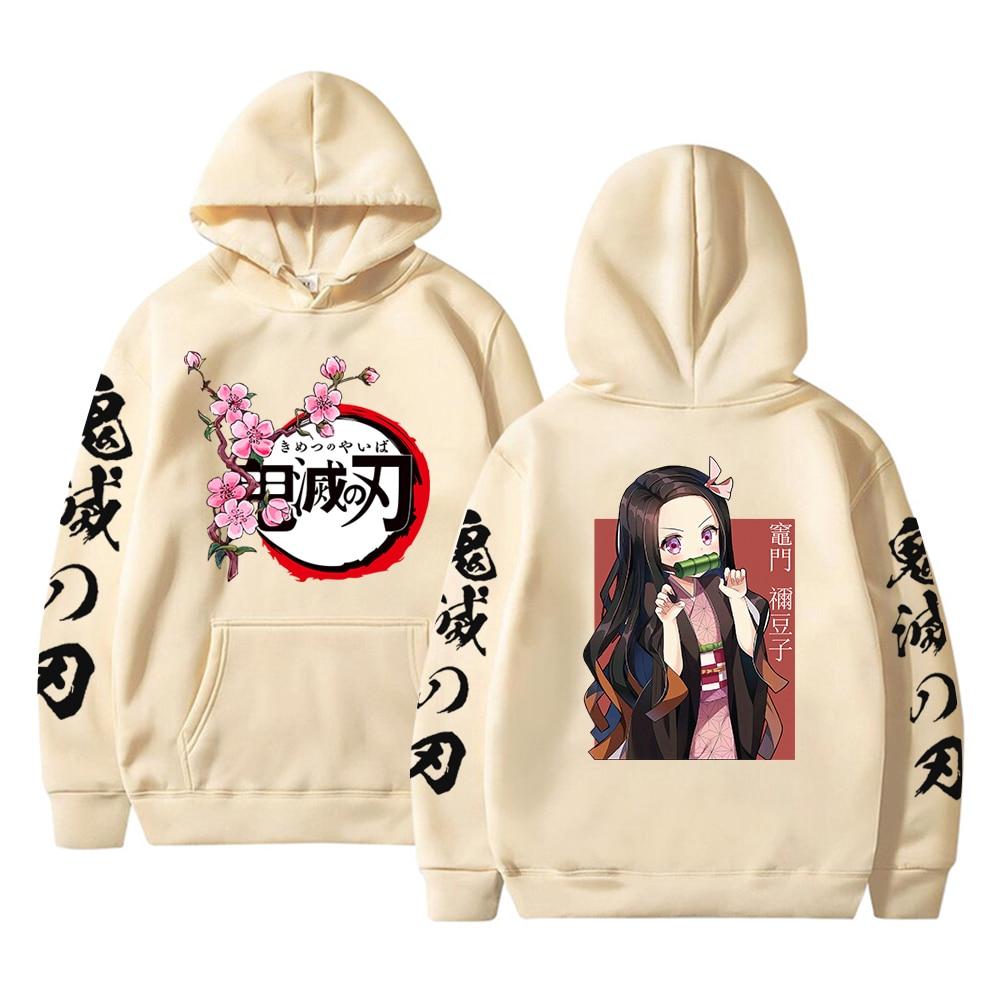 Japan Anime Kawaii Dämon Slayer Kamado Nezuko Manga Hoodies Sweatshirts Tops Pullover Streetwear Unisex Cartoon Sweatshirt XS khaki