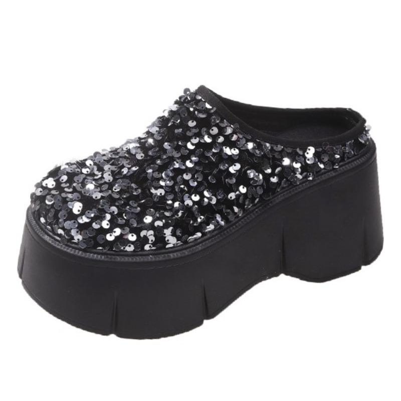 Mode 8,5CM Neue Bling Plateau Damen Hausschuhe Mode Klobige Hochhackige Sandalen Komfort Rom Stil Runde Zehenpartie Pantoletten Sommer 38 silber