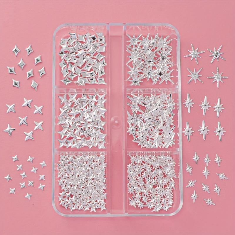 6 Fächer/Box Nailart Nieten Set, Sternenhimmel Sternbild Nagelnieten, Silberne Metallische Nageldekorationen, Maniküre Charms Kit für DIY Nageldesign