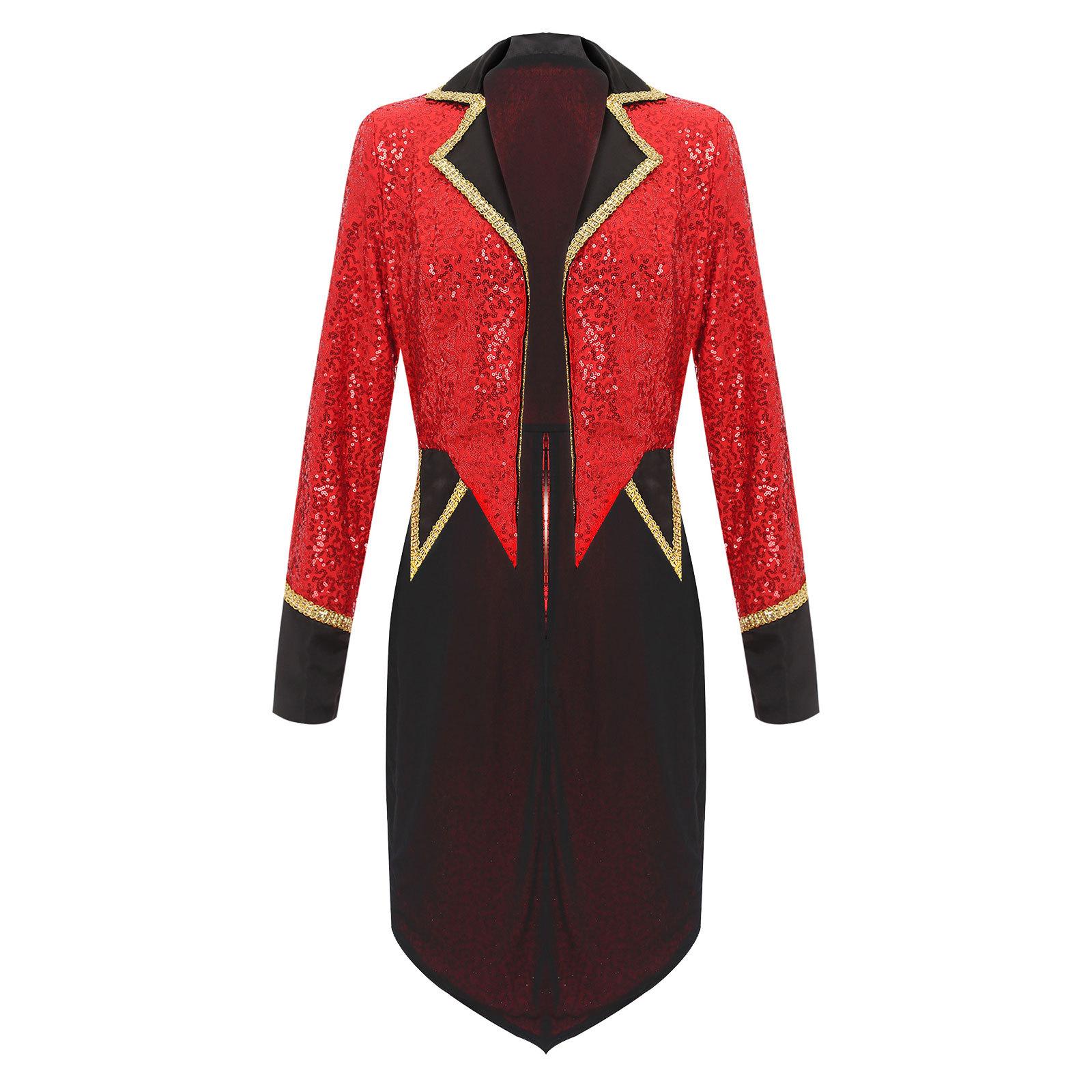 Damen Halloween Zirkus Pailletten Frack Kerbe Revers Langarm Offene Vorderseite Smoking Oberbekleidung Ringmaster Magier Kostüme S