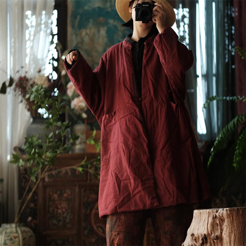 Johnature Leinen Druck Vintage Frauen Mäntel Chinesischen Stil Frühling Volle Hülse Lose Retro Oansatz Baumwolle Warme Parkas Mäntel One Size dunkelrote