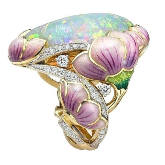 Eleganter Damen-Ring mit Strass-Imitat-Opal und eingelegtem Lotusblumen-Ring, Party-Schmuck, Geschenk US 8