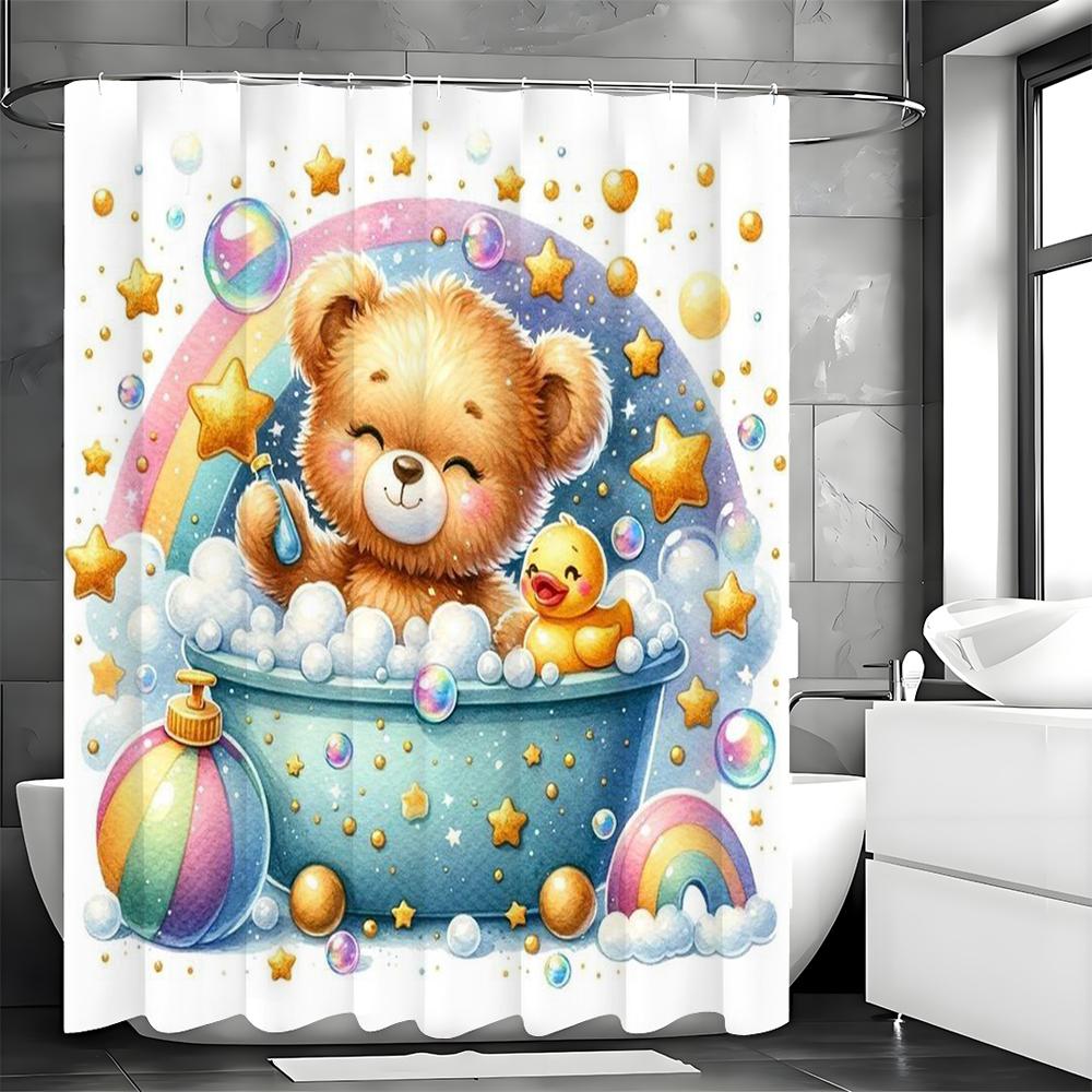Niedlicher Cartoon-Bär Bad gelbe Ente Badewanne Duschvorhang, dekorativer Duschvorhang für Badezimmer, wasserdichter Duschvorhang mit h 90*180cm