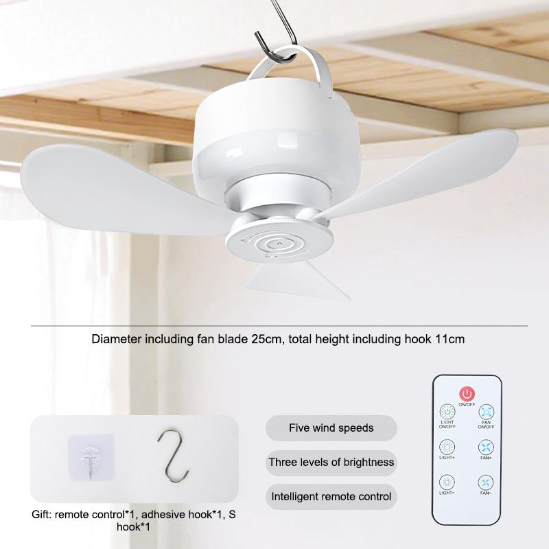 USB-wiederaufladbarer Deckenventilator mit Licht, Fernbedienung, tragbarer kleiner Ventilator, Lampe, Deckenventilatoren für Schlafzimmer, Wohnheim, Campingzelt weiß