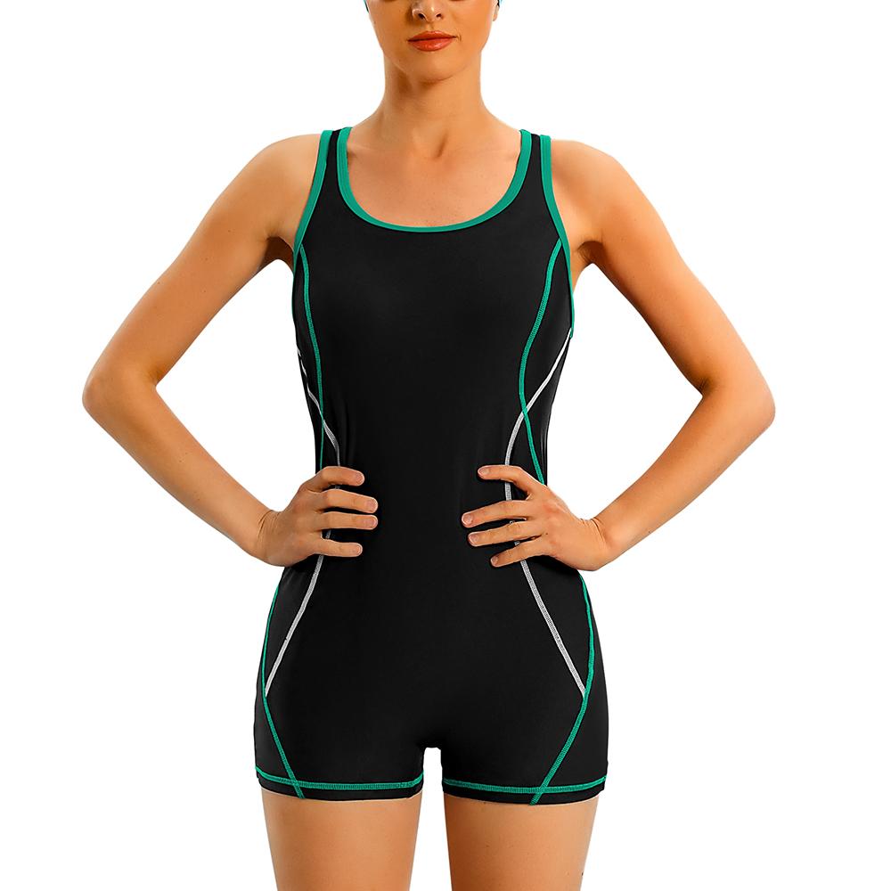 Anfilia Einteiliger Damen-Sport-Badeanzug, rückenfrei, Boxer, konservativer Badeanzug, Patchwork, Strandkleidung, Badeanzug XL grün