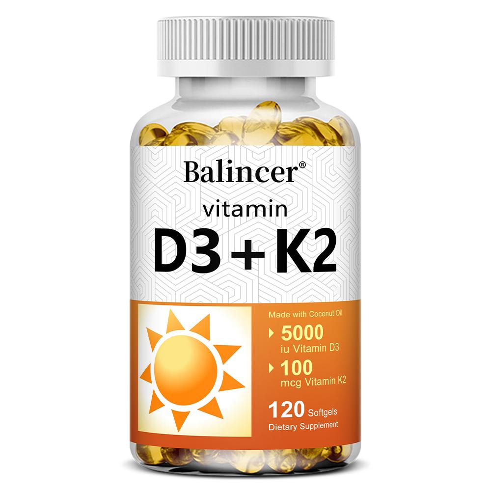 Balincer Vitamin D3 + K2 Weichkapseln, 5000 IE Vitamin D3, 100 mcg Vitamin K2, 120 Vegetarische Kapseln 120 Capsules
