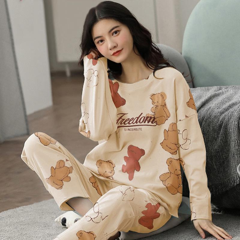 Neuer Winterpyjama, Damen, koreanische Version, langärmelig, Homewear-Anzug, locker, große Größe, zweiteiliger Anzug, kann draußen getragen werden 3XL beige