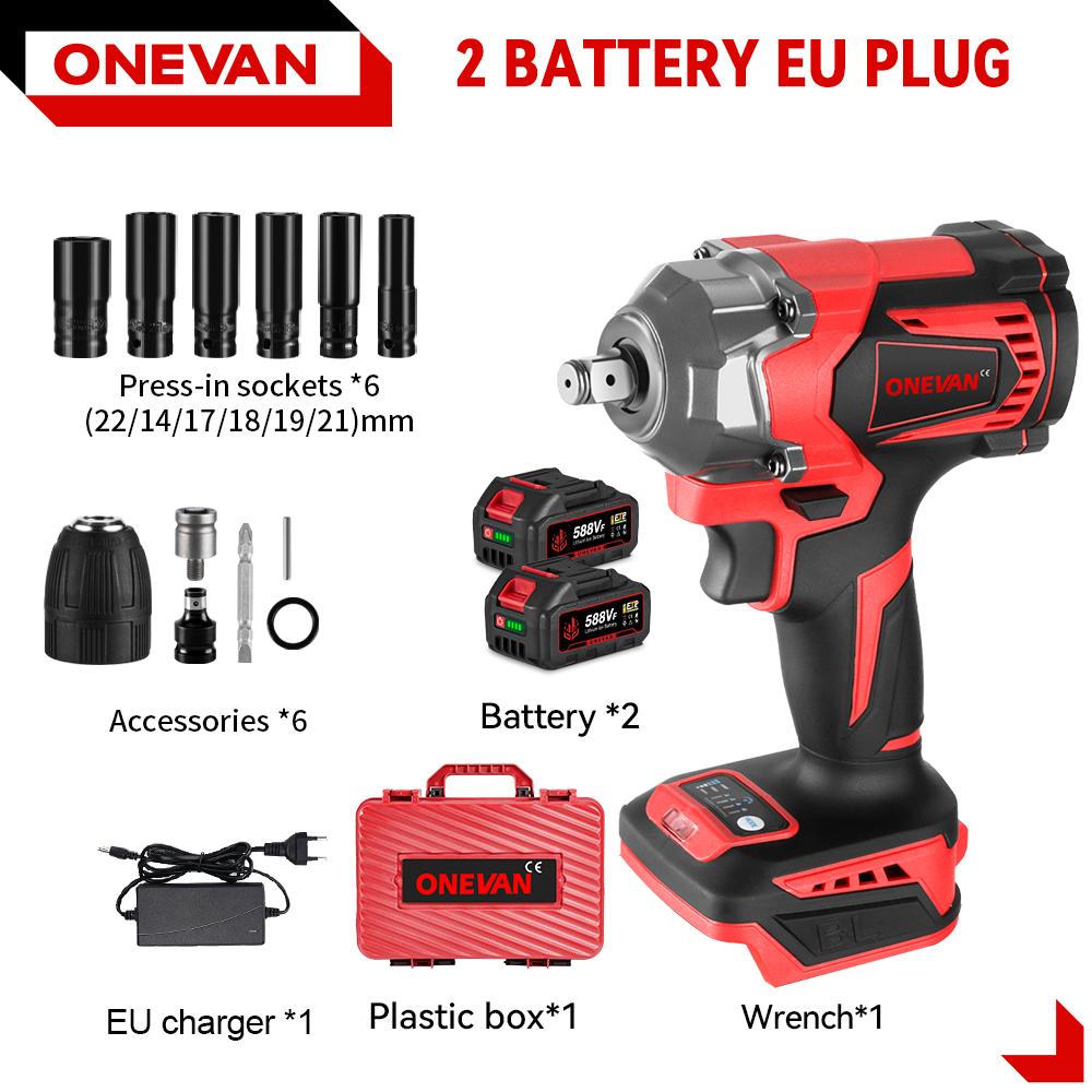 ONEVAN 1200N.M Bürstenloser elektrischer Schlagschrauber 1/2'' Akkuschrauber Lithium-Ionen-Akku Elektrowerkzeug für Makita 18V Akku 2 Battery Plastic Box Set