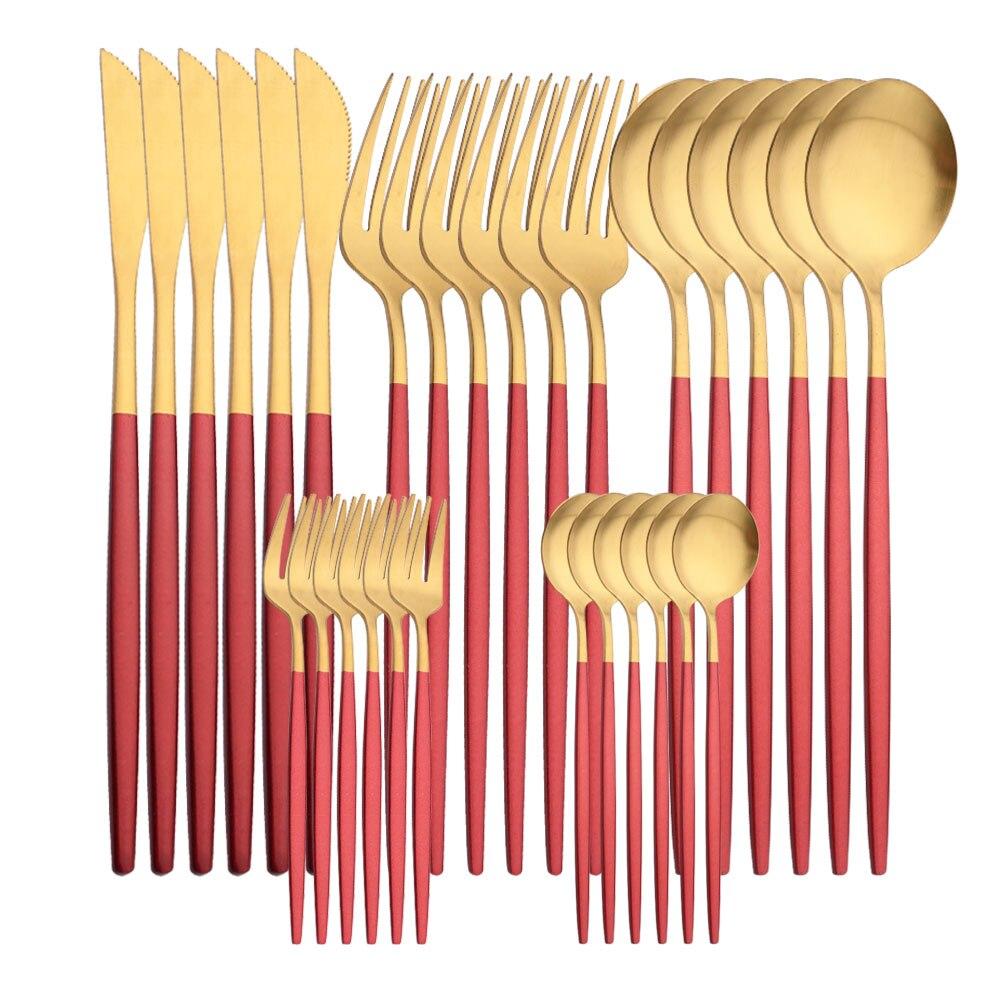 30 Stücke Mattschwarz Silber Geschirr Set Edelstahl Messer Kuchen Gabel Tee Löffel Besteck Besteck Set Küche Geschirr Set rot/gold