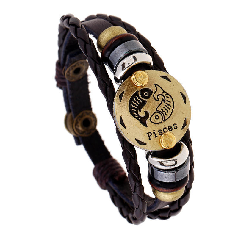 12 Sternbilder, mehrlagiges Leder-Manschettenarmband, Schmuck für Damen und Herren, Geburtstag, Valentinstag 4 Pisces