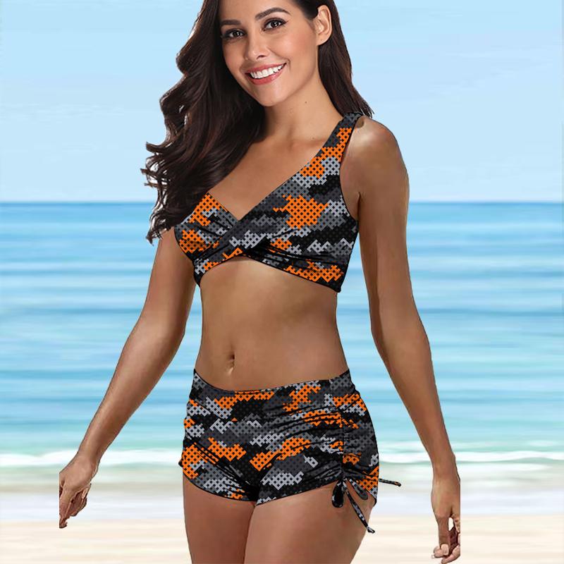 Damen-Badeanzug mit Schultergurt, grüner Camouflage-Druck, Bikini-Tankini-Badeanzug S orange