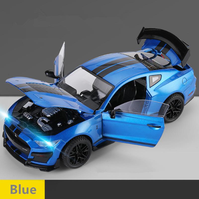 1/18 Ford Mustang Shelby GT500 Legierung Sportwagen Modell Diecast Metall Rennwagen Fahrzeuge Modell Ton und Licht Kinderspielzeug Geschenk blau