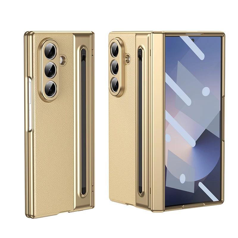 Für Samsung Galaxy Z Fold 8 Ultra Z Fold 8 7 6 5 4 3 S Pen Leder Handyhülle Scharnierschutz Touch Pen Integrierter BildschirmSchutz Galaxy Z Fold7 gold