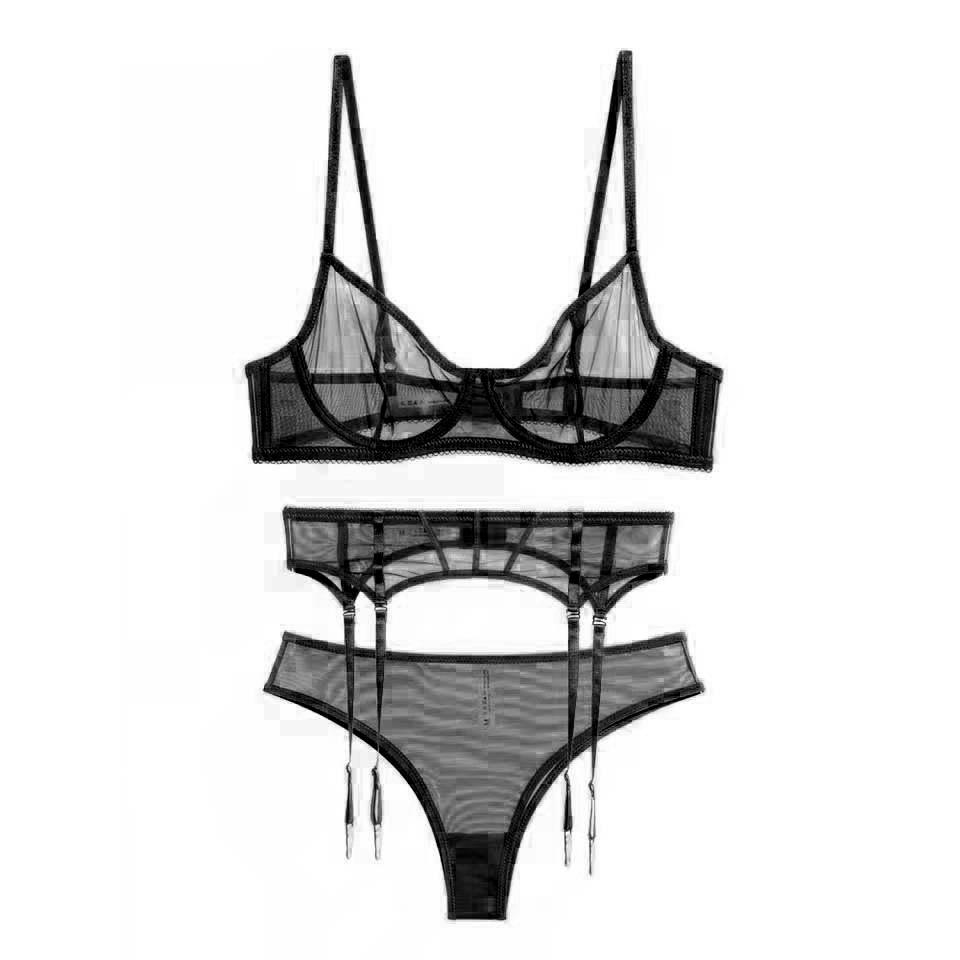 Neue Frauen Unterwäsche Sexy Spitze Ultra-dünne Push-Up Bh Set Transparent Mesh Versuchung Dessous 3-teiliges Set bhs + Höschen + Strumpfband M schwarz