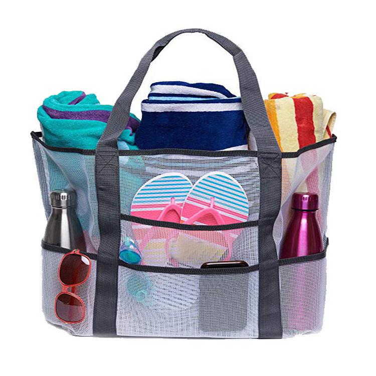 Große Netztasche mit 8 Taschen, große Sommer-Strandtasche für Handtücher, Spielzeug, Strand-Einkaufstasche, Aufbewahrung, Gepäcktaschen, funktionelle Taschen weiß