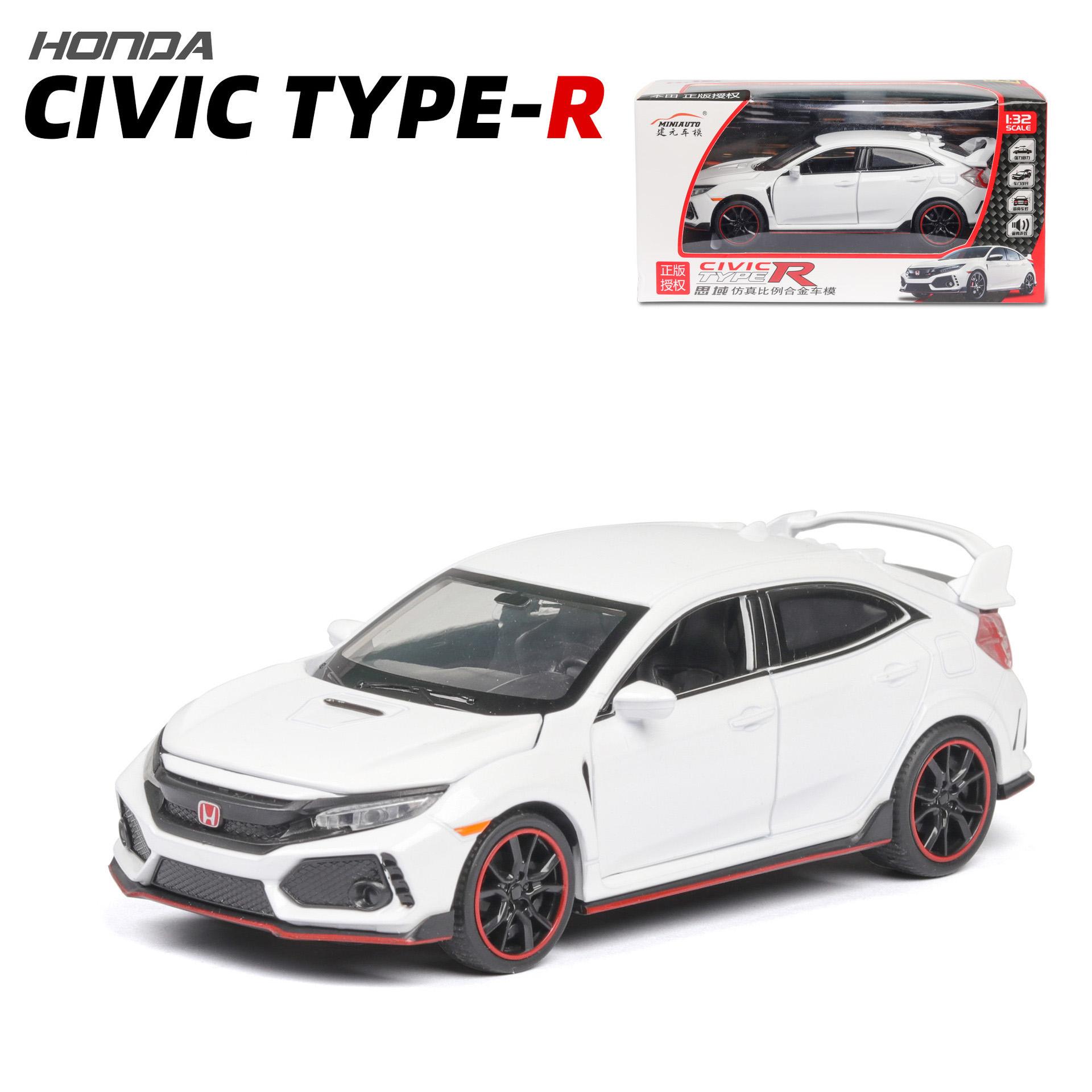 1:2017 Honda Civic Type-R Modellauto aus Druckguss, Maßstab 32, mit offenen Türen, Licht und Sound, für Kinder, Jungen, Mädchen, Erwachsene, Herren, Sammlung 1/32-15x6.5x5cm weiß
