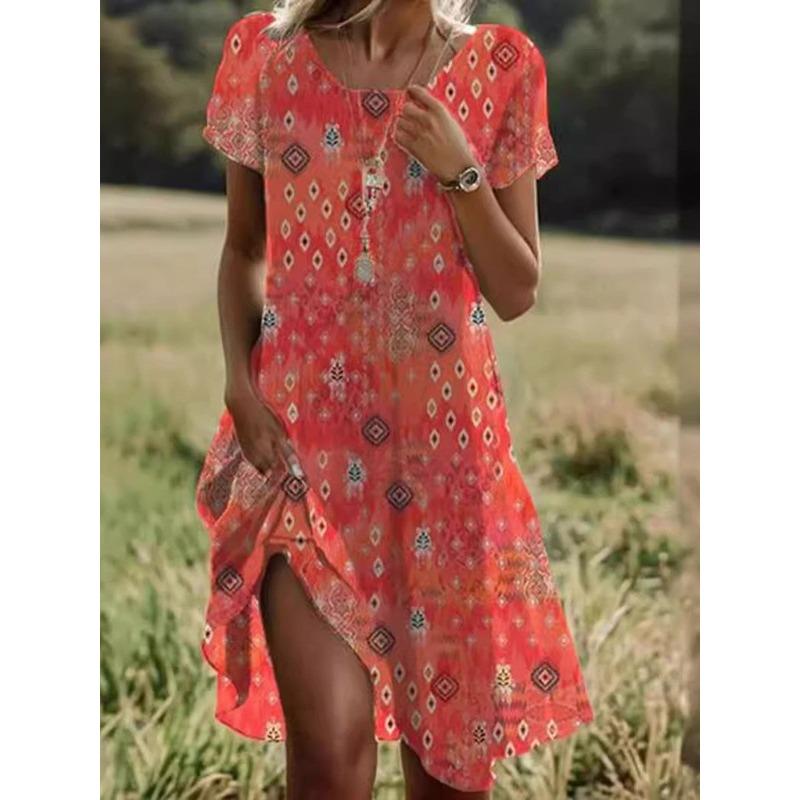 YYFS Damenmode Sommer Frühling Tupfenmuster Kurzarm O-Ausschnitt Lockere Taille Lässige Kleider M rot