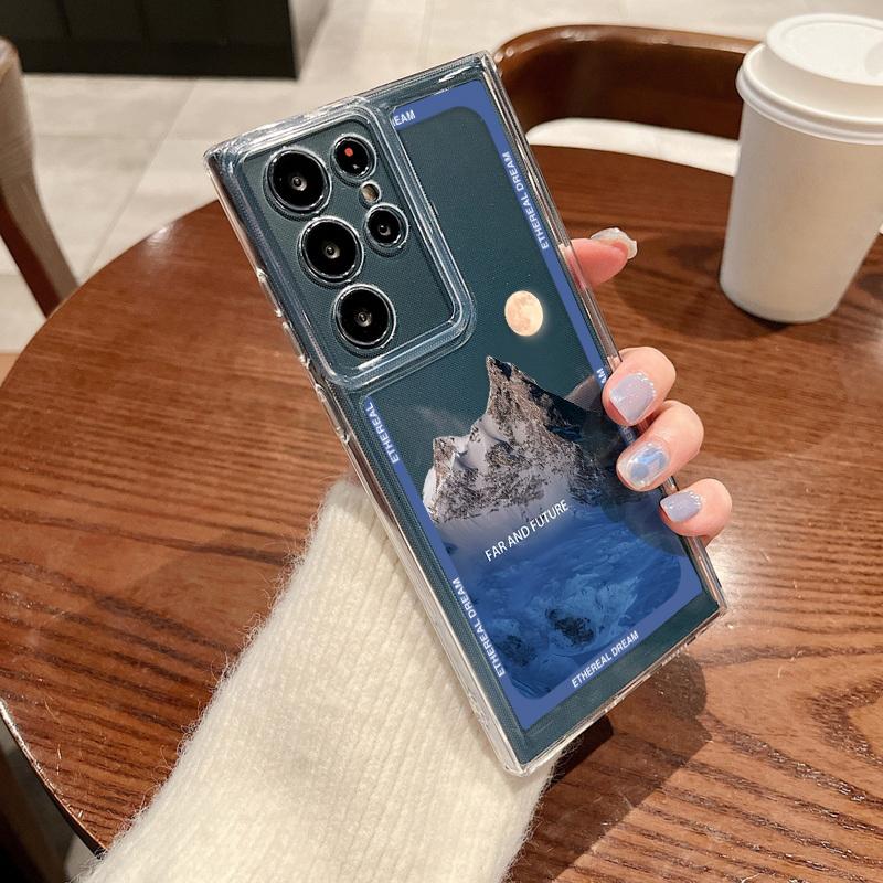 Für Samsung S24 Ultra S23 Plus S22 S21 FE S20 A55 A54 A53 A52 A35 A34 A15 Fall Snowy Mountain Sunset Stoßfeste weiche klare Silikon-Telefonabdeckung Samsung S21