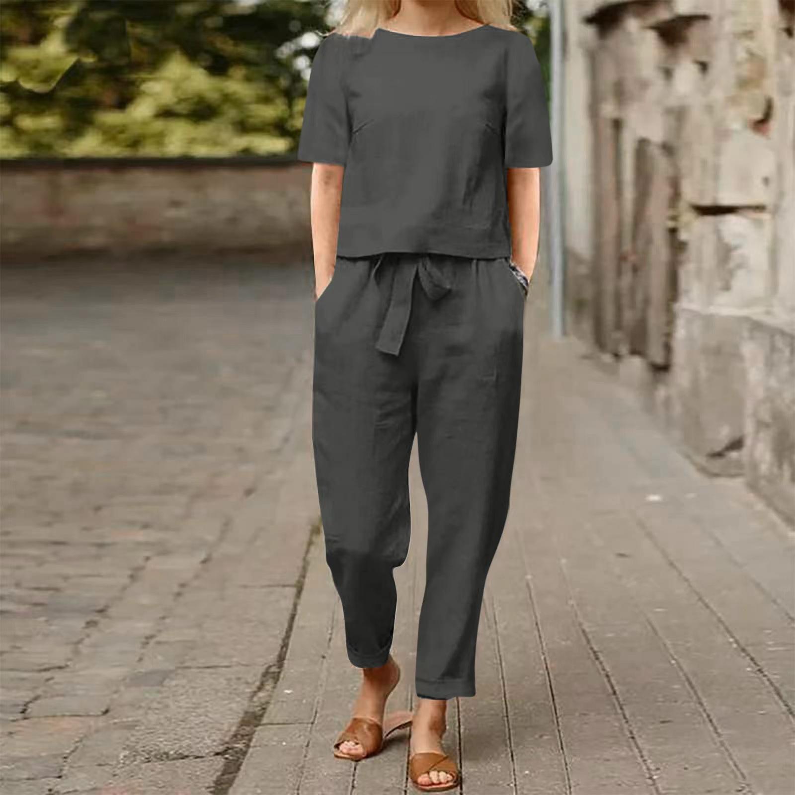 Damen Bluse und Hose, Ein Sommer-Set aus zwei Objekten mit Hose L dunkelgraue