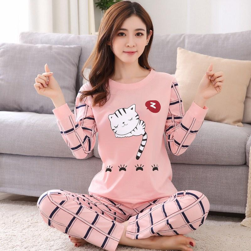 Zweiteiliges Pyjama-Set mit Cartoon-Motiv, niedlich, bedruckt, Nachtwäsche, Nachthemd, langärmlig, Pyjama für Damen, Homewear L weiß/rosa