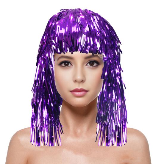 Folie Lametta Perücken für Erwachsene Kostüm Party Glänzende Lametta Perücke Metallic violett