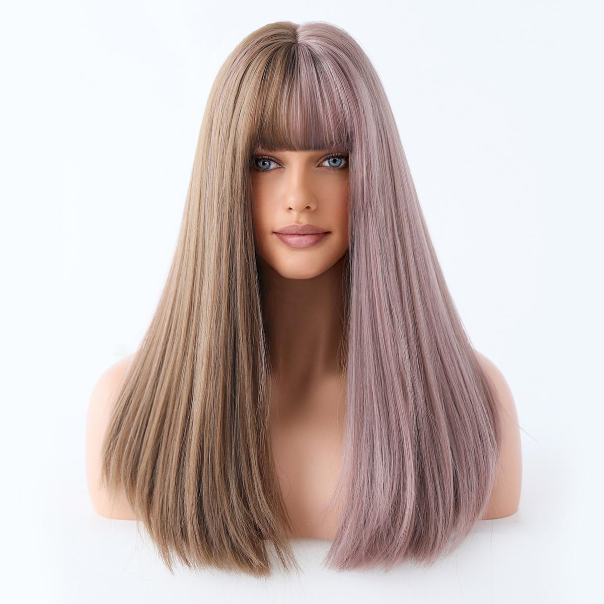 Blonde synthetische Perücken mit Pony für Frauen, langes gewelltes Haar, Cosplay, Lolita, Party, natürliche hitzebeständige Perücken, Faser, tägliches Haar C8232-2