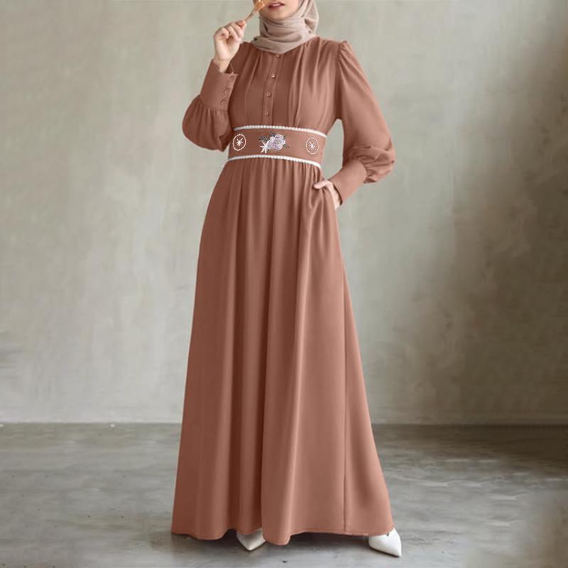 ZANZEA Muslimisches Freizeitkleid für Damen mit Rundhalsausschnitt, langen Ärmeln, lockerem Schnitt und Print XL braun
