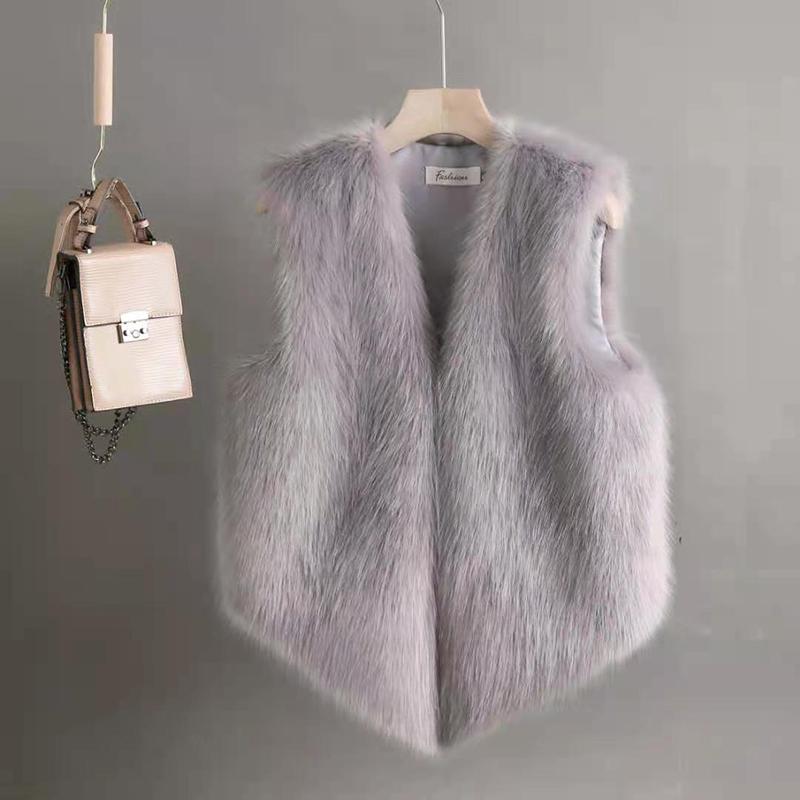 Pelzweste Frauen Kurze Oberbekleidung Herbst Winter Nachahmung Kaninchenfell Weste Weibliche Mode Warme Plüsch Weste Damen Jacke XXL grau