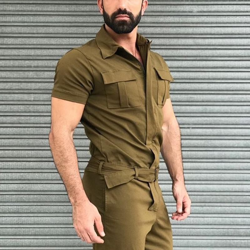 Mode Herren Reine Farbe Overall Frühling Herbst Kurzarm Overalls Overall Plus Größe M armee grüne