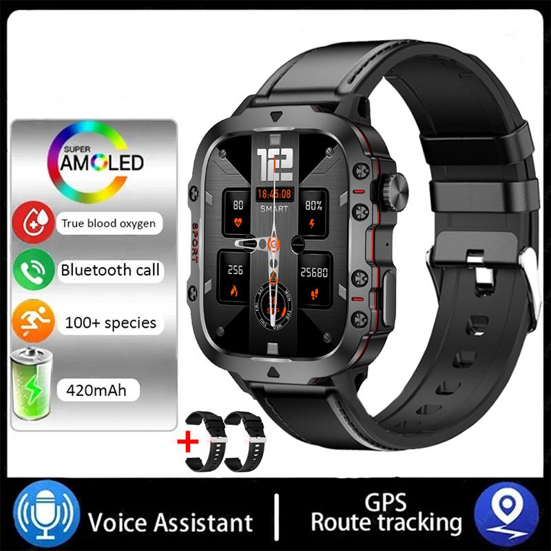 Neue Smart Watch 1,96 Zoll Bildschirm 420 MAh Bluetooth Anruf Sprachassistent Uhr Sport Fitness Wasserdichte Smartwatch für Männer Leather + silicone + sili schwarz