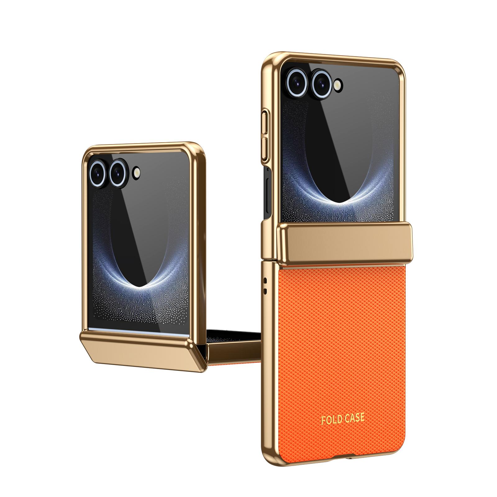 Für Samsung Galaxy Z Flip 8 gehärtetes Glas Displayschutzfolie mit Silikon-Haptik mit Linsenständer stoßfeste Handyhülle Galaxy Z Flip 8 orange
