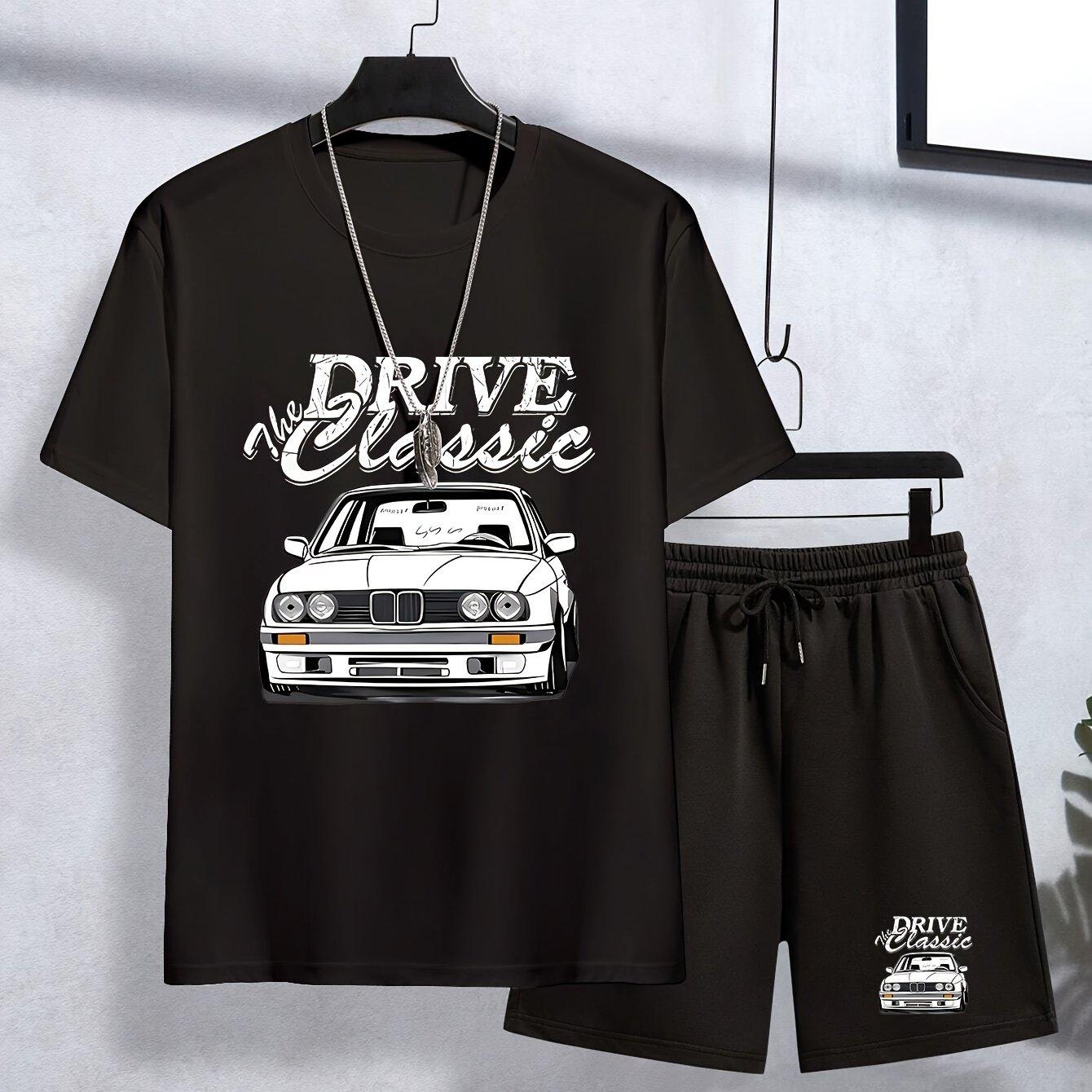 Herren Kurzarm-Set Mode lässig BMW Auto Bedrucktes Street-Trend-Kurzarm-Shorts-Set mit Rundhalsausschnitt Herren zweiteiliges Set S
