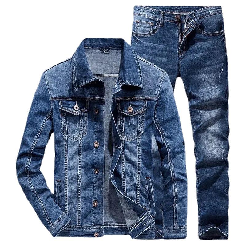 Herren Denim Anzug Verschleißfest Atmungsaktiv Anzug Denim Jacke + Jeans 2-teiliges Set S dunkelblaue